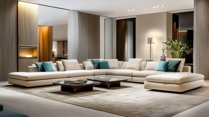 Fototapeta premium Cozy evening lounge with beige modular sofa, matte turquoise cushions, recessed ceiling lights, neutral tones, soft textiles, minimal decor