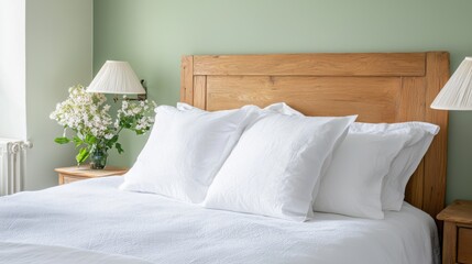Cozy French country bedroom, wooden headboard, white linen bedding, pastel green walls, soft natural light