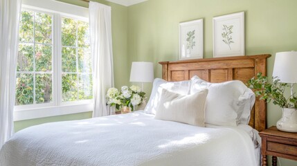 Fototapeta premium Cozy French country bedroom, wooden headboard, white linen bedding, pastel green walls, soft natural light