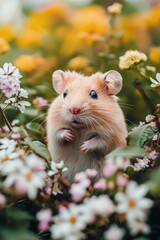 Adorable Hamster Among Flowers