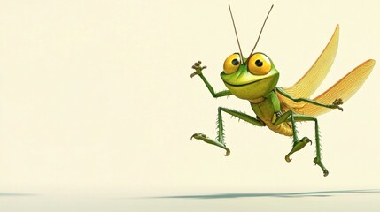 Fototapeta premium Playful Cartoon Grasshopper with Bright Yellow Eyes and Wings