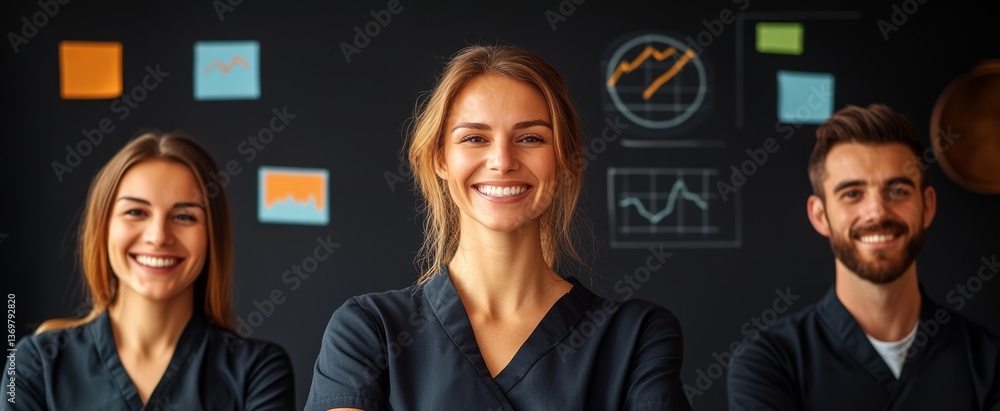 Poster three people smiling and posing for a picture in front of a black background with a few graphs and p