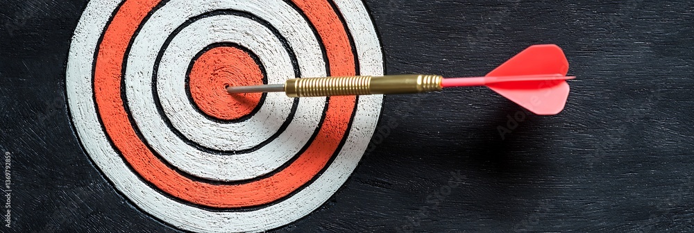 Poster a close-up of a dart embedded in the center of a colorful target, symbolizing precision and focus in
