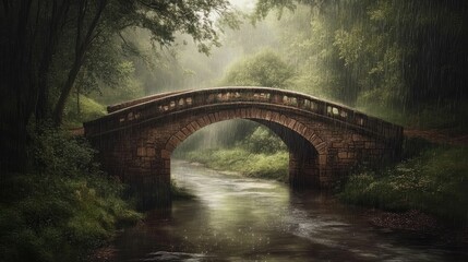 Fototapeta premium Stone arch bridge over stream, rain-soaked forest.