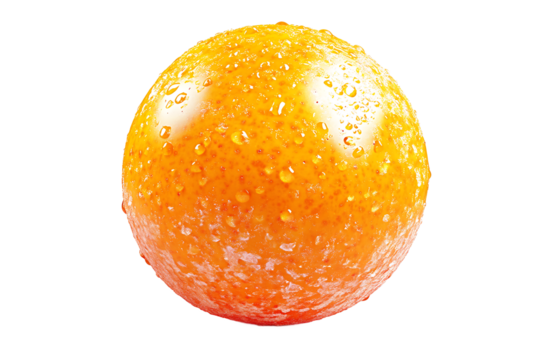 A single wet orange sphere isolated on a black background with water droplets on its surface