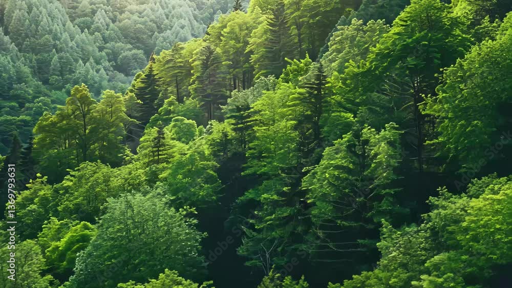 Poster a tranquil forest landscape reveals a dense array of green trees illuminated by soft morning light, 