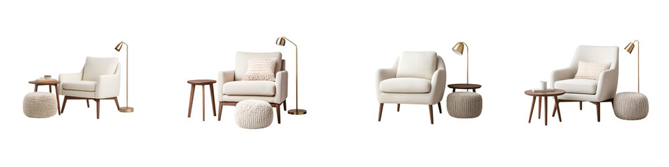 A collection of stylish and comfortable modern furniture pieces including armchairs side tables and lamps perfect for a cozy and inviting living room