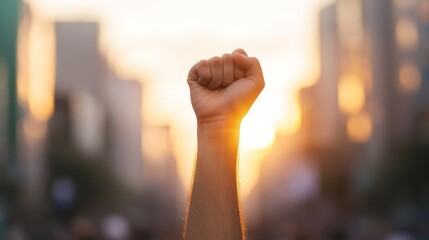 Activism in urban chaos fist raised against injustice city streets photo evening inspirational concept