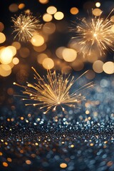 Fototapeta premium Golden fireworks bursting in a night sky, fireworks in a radial pattern, deep blue sky background, ground covered with golden sparkling particles