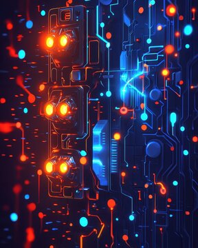 Futuristic Circuit Board with Glowing Lights and Data Patterns
