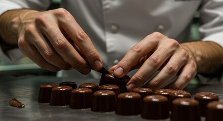 In a bustling kitchen during the afternoon, a skilled chocolatier meticulously crafts artisanal chocolate truffles. Focused on detail, their hands move deftly as they mold and decorate each truffle. 