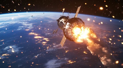 Naklejka premium Burning spacecraft falling, Earth's lights below.