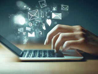 Obraz premium Hand Typing on Smartphone Screen with Social Media Icons