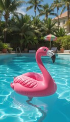 Obraz premium Pink Flamingo Pool Float in Tropical Lagoon 