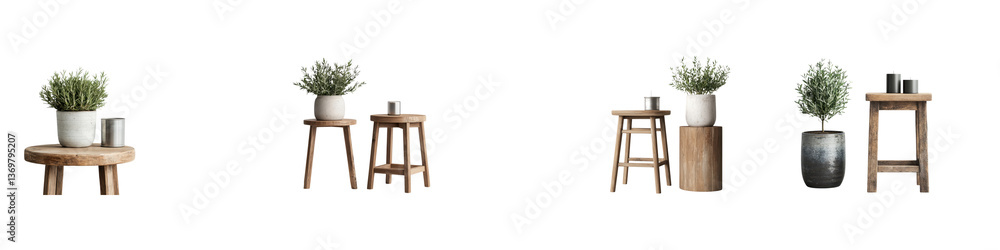 Aufkleber a serene and natural looking display of potted plants on various wooden tables and stools creating a