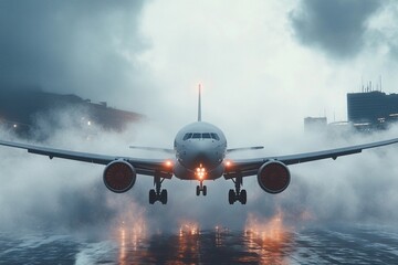 Plane Struggles Against Inclement Weather as It Breaks Through Thick Fog. Generative AI