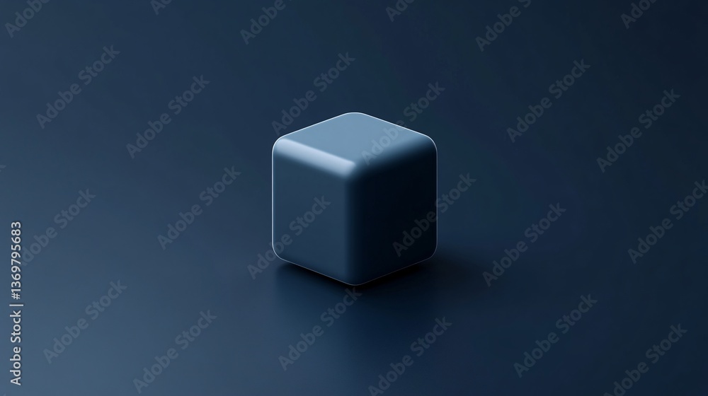 Poster smooth cube standing on dark blue background reflecting light