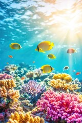 Obraz premium Vibrant Coral Reef with Colorful Fish Under Sunlit Water Surface