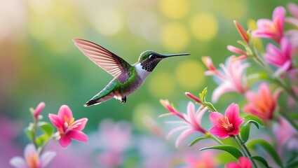 Naklejka premium Hummingbird Hovering Near Vibrant Flowers, Wings Frozen Mid-Flight, Bright Spring Colors, Blurred Foliage