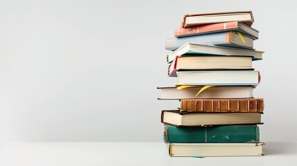 A neatly stacked pile of textbooks with bookmarks, centered on a white background.