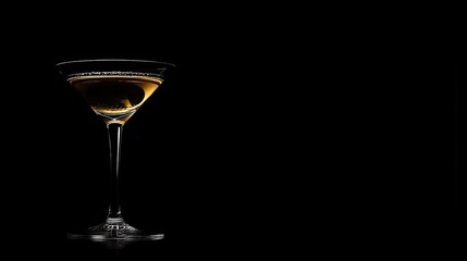 Elegant cocktail glass with a golden drink and lemon twist against a black background