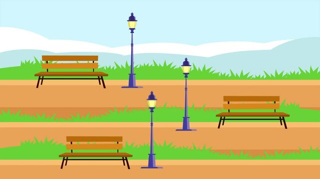 Animated video of goal big city park with lights and chairs.  Park bench concept. Full length animation illustration. High quality&nbsp;4k&nbsp;footage