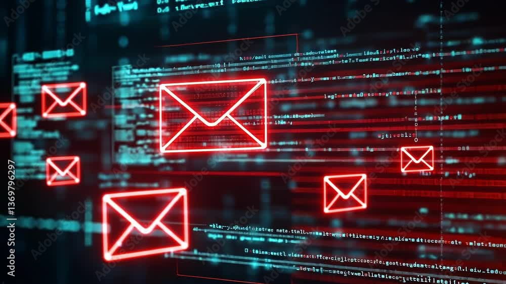 Poster multiple red envelopes symbolizing digital threats are invading a screen filled with program code, r