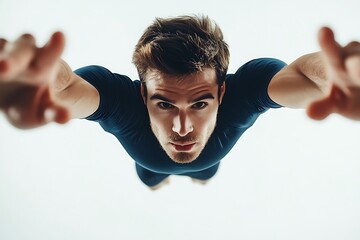 Man reaching out with both hands from above POV on white background. Close-up shot