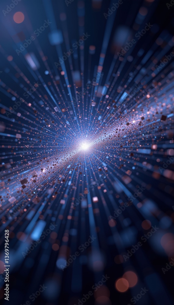 Poster cosmic particles bursting towards a luminous center in deep space