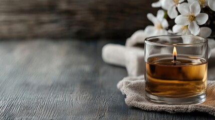 Aromatic candle on wooden table with spring blossoms