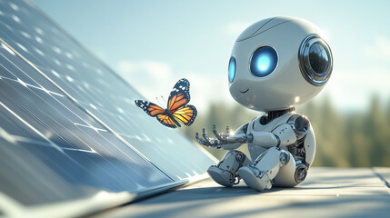 A child-like robot plays with a butterfly flying on a solar panel, demonstrating clean energy that is friendly to nature and the environment.