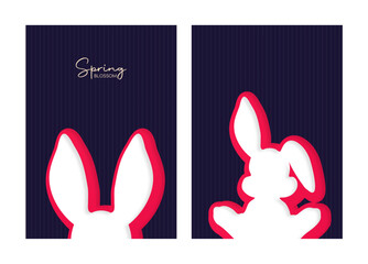 Easter bunny papercut background design. Bunny ears silhouette, cute animal rabbit paper cut template illustration set.