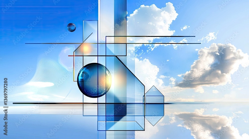 Poster dynamic abstract blue banner with floating glossy squares, intersecting triangles, and subtle stripe