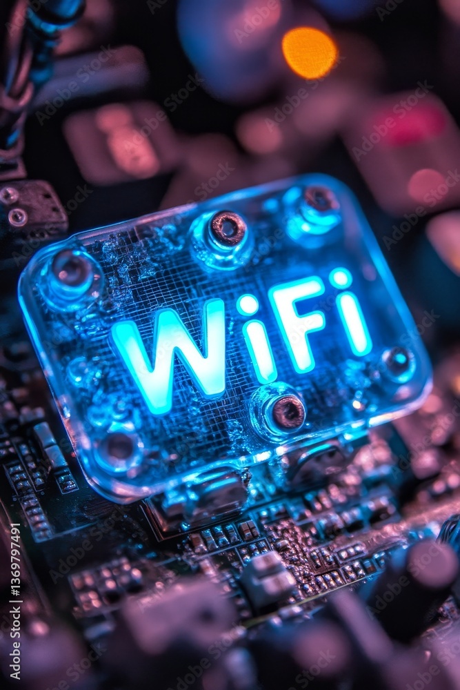 Poster illuminated wifi chip on circuit board symbol of wireless connectivity and technology