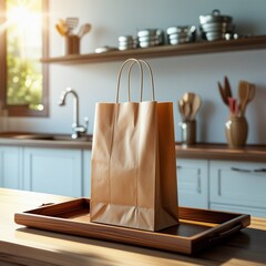 brown paper bag on wooden tray with kitchen furniture background