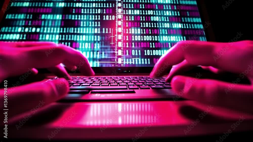Poster close up of hands typing on a laptop keyboard, binary code displayed on the screen creating a futuri