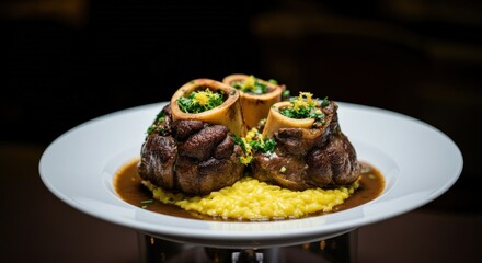 Ossobuco alla Milanese served with creamy risotto in a restaurant setting in Italy