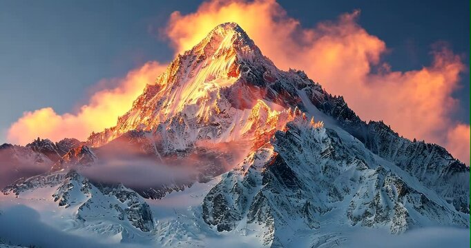 A serene mountain scene painted in pastels, where the first light of day kisses the snowy peaks, casting long shadows over the quiet, rugged landscape