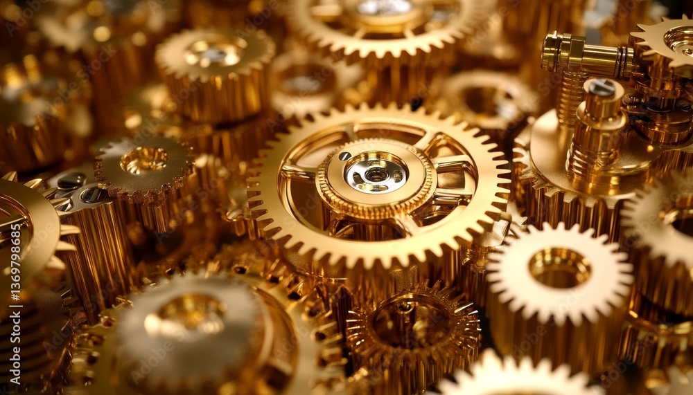 Aufkleber golden gears intricate details of interlocking cogs and precise engineering in a mechanical system.