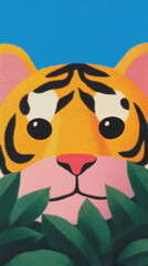 Obraz premium Illustration of a Tiger's Face with Green Leaves