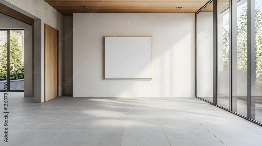 Poster modern empty room interior design mockup with large blank canvas and floor to ceiling windows