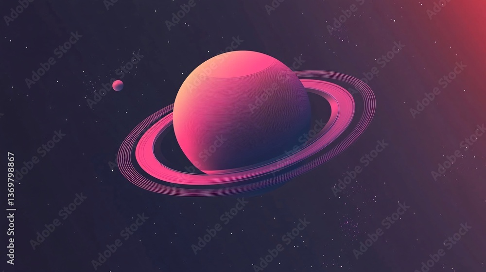 Poster pink planet with rings orbiting in deep space with stars and a moon