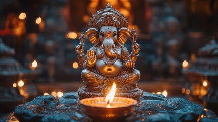 The divine glow of a lit diya in front of the Ganesh idol, captured in a close-up, symbolizing blessings and spirituality
