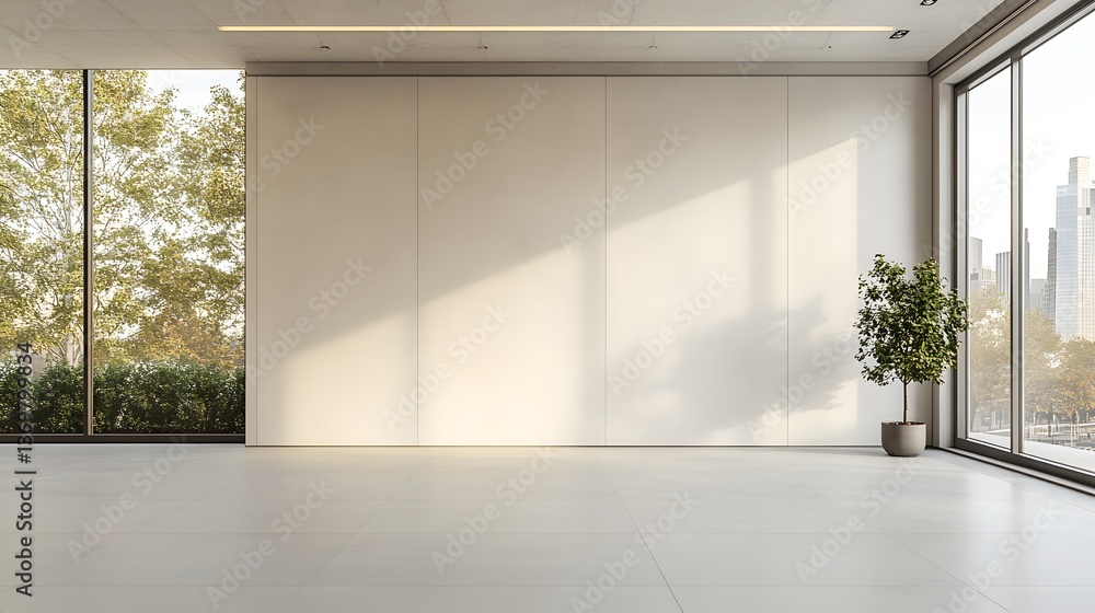 Poster modern office space with large window and city view minimalist design sunlight streaming in