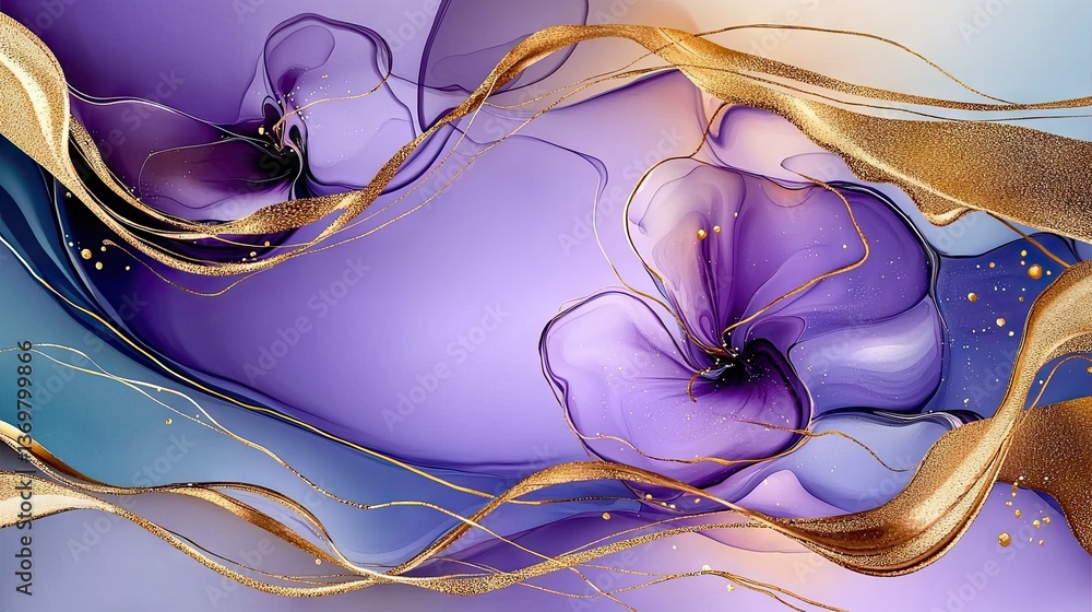 Poster elegant periwinkle and violet ink flow with abstract golden lines, creating a sophisticated marbled 