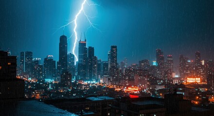 A powerful lightning bolt illuminates the skyline of a bustling city at night, striking a tall skyscraper and creating an electric atmosphere. 