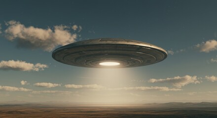 A metallic craft resembling a flying saucer hovers silently in twilight above a desolate landscape. The craft emits a bright beam of light toward the ground, illuminating the earth beneath it