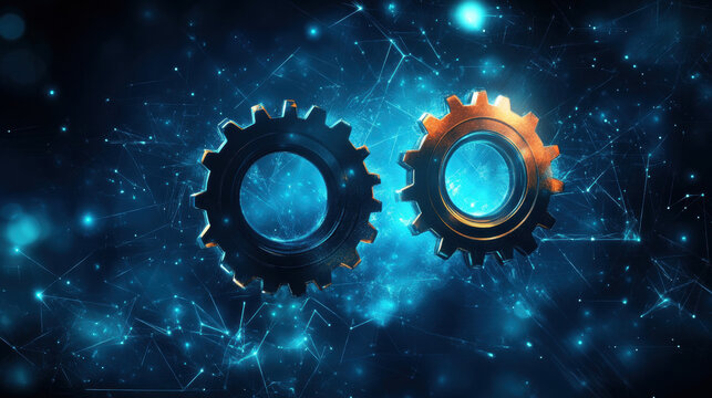 Two interlocking gears against a digital, glowing network background