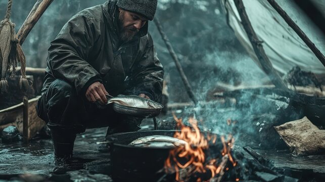A man prepares fish at a campfire in a wilderness scene