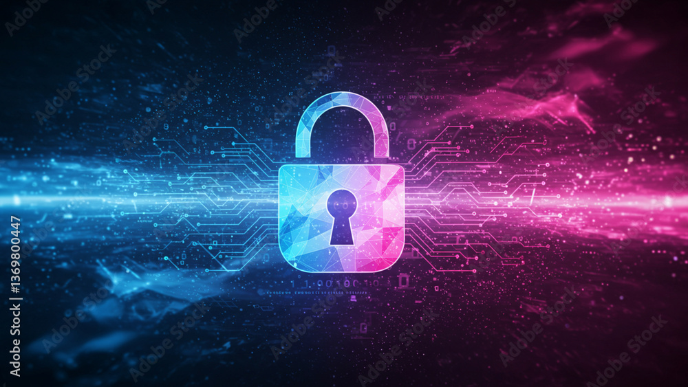 Poster conceptual security technology background highlighted by a lock symbol